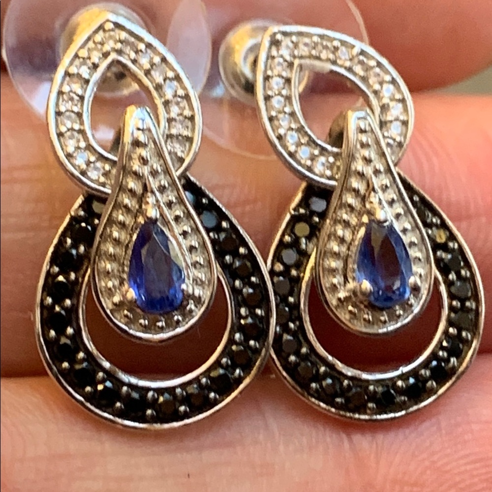 Elegant Sterling Silver Blue Sapphire Teardrop Earrings w/white and black